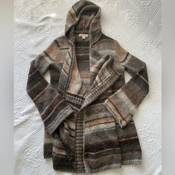 Michael Kors Open-Front Hooded Cardigan Sweater Brown Tan Cream Earth Tones S - Picture 8 of 10